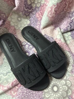 DKNY Black Logo Strap Slide Sandals